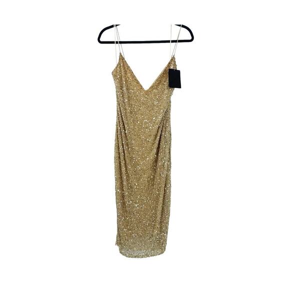 Retrofete Billie Sequin Midi V Neck Body Cone Dress Gold Cream Size XL NWT - Picture 10 of 11
